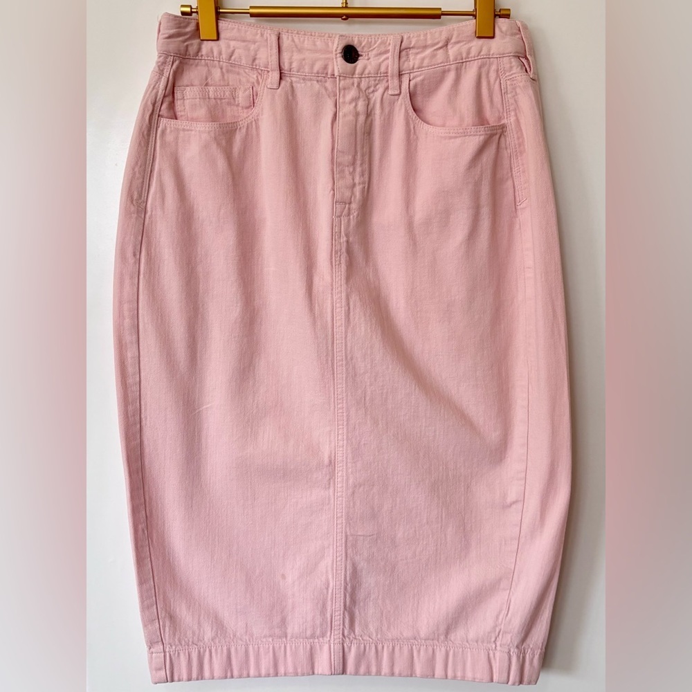 Madewell| Blush Pink 100% Cotton Denim Midi Fitted Pencil Skirt Sz 28 Regular - Picture 2 of 4